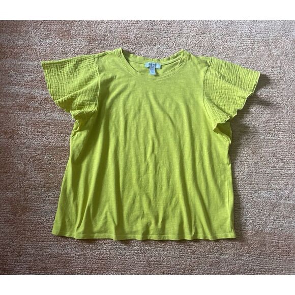 Nine West Jeans Yellow Flutter Sleeve Top Women’s XL 100% Cotton - Picture 1 of 7